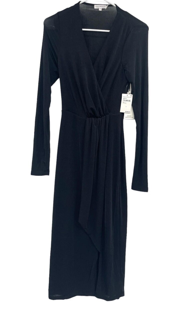 Good American Dress Womens 0 Black Shimmer Wrap Long Sleeve Midi V-Neck GDK0076